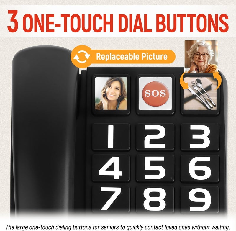 Uvital Big Button Phones for Seniors, Black Corded Landline Phone with 3 One-Touch Dialing Big Buttons, Hands-Free, Loud Ringer, Adjustable Volume, Easy to Use for Elderly - Image 2